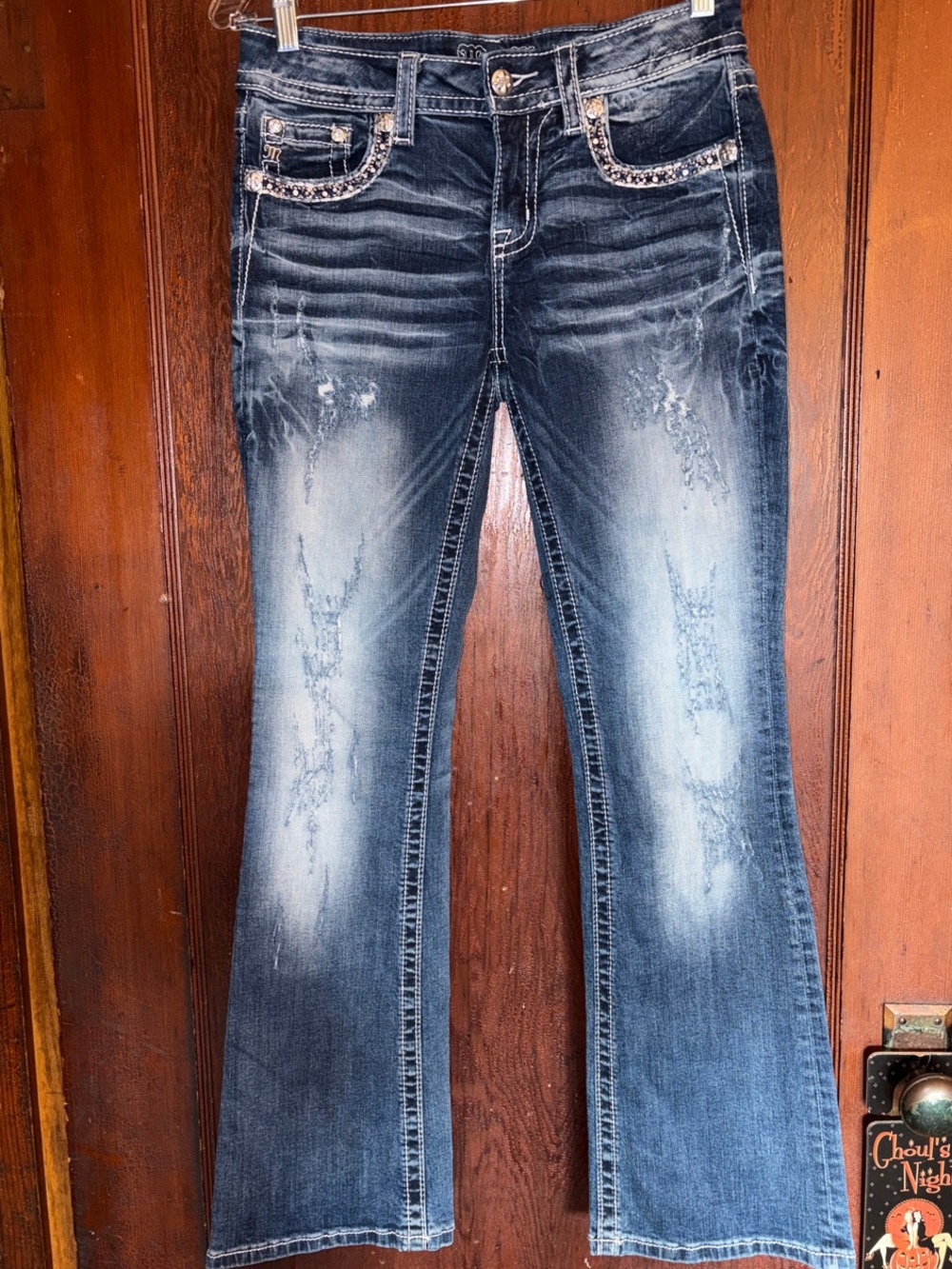 Miss Me Dark Blue Distressed Flare Jeans with Embellished Pockets